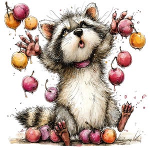 May include: Watercolor illustration of a raccoon with a surprised expression, surrounded by falling plums. The raccoon has gray and white fur, a pink collar, and is reaching for the plums, which are red and yellow.