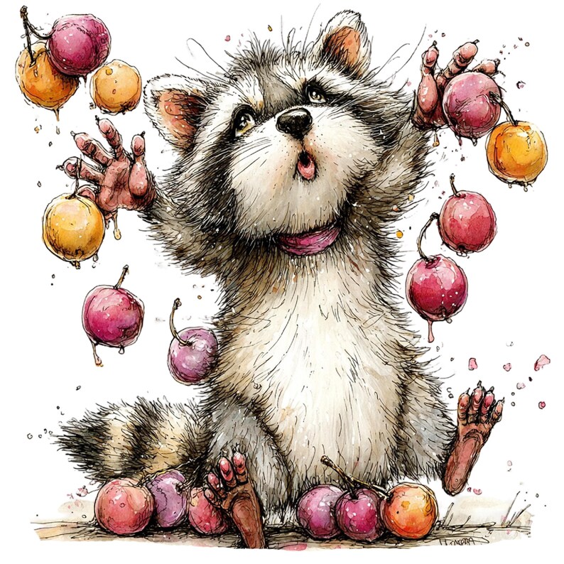 May include: Watercolor illustration of a raccoon with a surprised expression, surrounded by falling plums. The raccoon has gray and white fur, a pink collar, and is reaching for the plums, which are red and yellow.