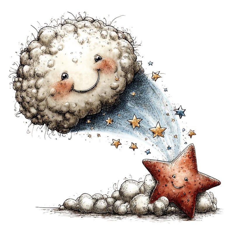 May include: A whimsical illustration of a smiling, textured white cloud with rosy cheeks, emitting a trail of small golden and blue stars toward a smiling, textured reddish-brown star resting on a small cluster of white clouds at the bottom.