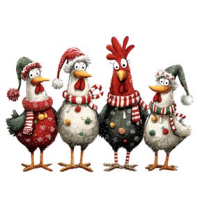 May include: A whimsical illustration of four chickens dressed for the holidays. Each chicken wears a festive hat and scarf, with red, green, and white color schemes. The chickens are decorated with ornaments and snowflakes, creating a cheerful, seasonal design.