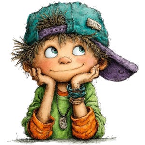Può includere: Illustrazione di un giovane con un cappellino da baseball turchese con visiera viola e la scritta "FLUID". Indossa una maglietta verde con maniche arancioni, braccialetti e una collana, appoggiando il mento sulle mani.
