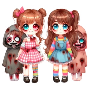 22 PNG Watercolor Horror Girls Clipart,Creepy Cute Horror Girl Clipart,Watercolor Halloween PNGs, Spooky Gothic Dolls, Zombie Princess