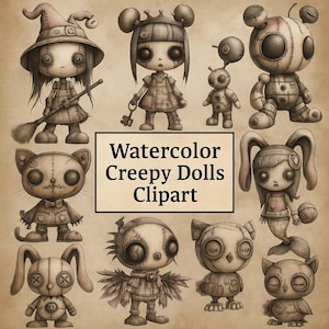 Watercolor Creepy Dolls PNG Clipart: Spooky Gothic Haunted Dolls (Digital Download)