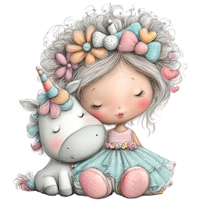 Puede incluir: Ilustraci&oacute;n caprichosa de una ni&ntilde;a con los ojos cerrados, abrazando a un unicornio. La ni&ntilde;a lleva una camiseta rosa a rayas y un vestido azul con zapatos rosas de lunares. El unicornio tiene un cuerno y una melena coloridos. El pelo de la ni&ntilde;a est&aacute; adornado con flores y lazos.