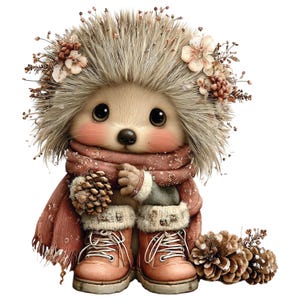 Op de afbeelding: Een grillige illustratie van een egel in winterkleding. De egel heeft lichtbruine vacht en draagt een roze sjaal, laarzen en een bloemenhoofddeksel. Hij houdt een dennenappel vast en wordt omringd door meer dennenappels.