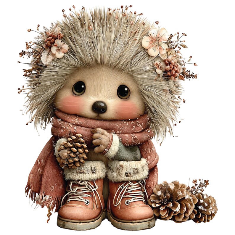 Op de afbeelding: Een grillige illustratie van een egel in winterkleding. De egel heeft lichtbruine vacht en draagt een roze sjaal, laarzen en een bloemenhoofddeksel. Hij houdt een dennenappel vast en wordt omringd door meer dennenappels.