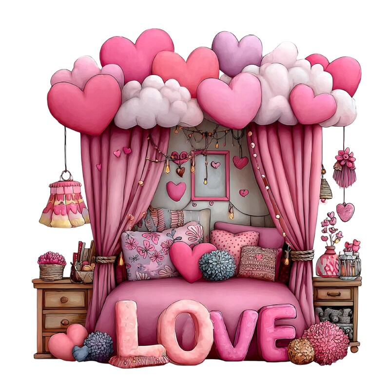 May include: A whimsical illustration of a romantic bedroom scene. Pink hearts and clouds adorn the top, with pink curtains framing the bed. The word "LOVE" is spelled out in large letters at the foot of the bed, surrounded by decorative pillows and bedside tables.