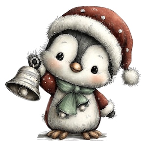Könnte beinhalten: Niedliche Pinguin-Illustration mit roter Weihnachtsmütze und Jacke, die eine silberne Glocke hält. Der Pinguin hat eine grüne Schleife und ist in einem skurrilen Stil gezeichnet, ideal für Weihnachtsdekorationen oder Kinderprodukte.