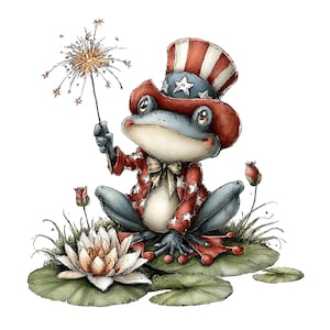 Puede incluir: Ilustraci&oacute;n caprichosa de una rana vestida con atuendo patri&oacute;tico, incluyendo un sombrero y una chaqueta rojos, blancos y azules. La rana sostiene una bengala y est&aacute; sentada en nen&uacute;fares con un lirio de agua. Estilo acuarela.