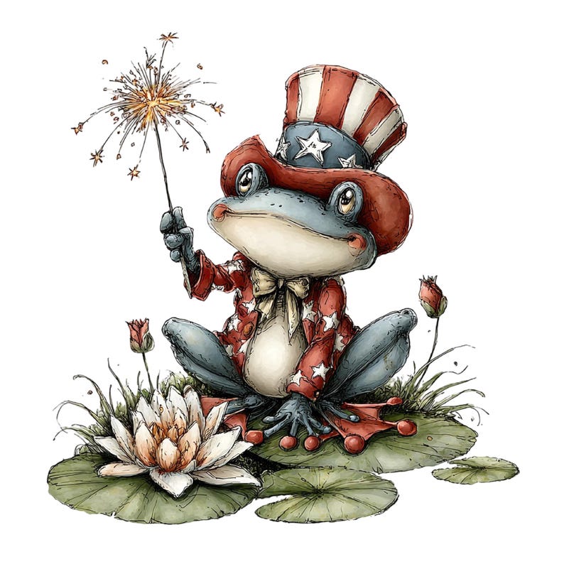 Puede incluir: Ilustraci&oacute;n caprichosa de una rana vestida con atuendo patri&oacute;tico, incluyendo un sombrero y una chaqueta rojos, blancos y azules. La rana sostiene una bengala y est&aacute; sentada en nen&uacute;fares con un lirio de agua. Estilo acuarela.