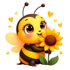 May include: A cartoon bee illustration, yellow and black, with large brown eyes, holding a sunflower. The bee has wings and antennae. Yellow heart shapes float around the bee and flower against a white background. A cheerful image.
