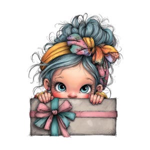 K&ouml;nnte beinhalten: Aquarellillustration eines jungen M&auml;dchens mit blauen Haaren, das &uuml;ber eine Geschenkbox blickt. Die Box ist mit einer rosa und t&uuml;rkisfarbenen Schleife und einem Band verziert. Das M&auml;dchen hat gro&szlig;e blaue Augen und tr&auml;gt ein gelbes Stirnband und einen floralen Schal.