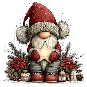 Pode incluir: Um gnomo usando um gorro vermelho com borda de tricô cinza e dois pompons felpudos, segurando uma estrela clara. O gnomo tem uma longa barba branca, luvas vermelhas e sapatos vermelhos, cercado por poinsétias vermelhas e ramos de pinheiro.