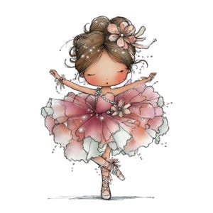 May include: A watercolor illustration of a ballerina in a pink and white petal-like dress. The ballerina has brown hair, a flower hair accessory, and is wearing ballet shoes. The image has a soft, whimsical style.