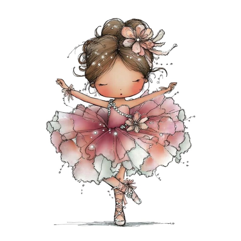 May include: A watercolor illustration of a ballerina in a pink and white petal-like dress. The ballerina has brown hair, a flower hair accessory, and is wearing ballet shoes. The image has a soft, whimsical style.