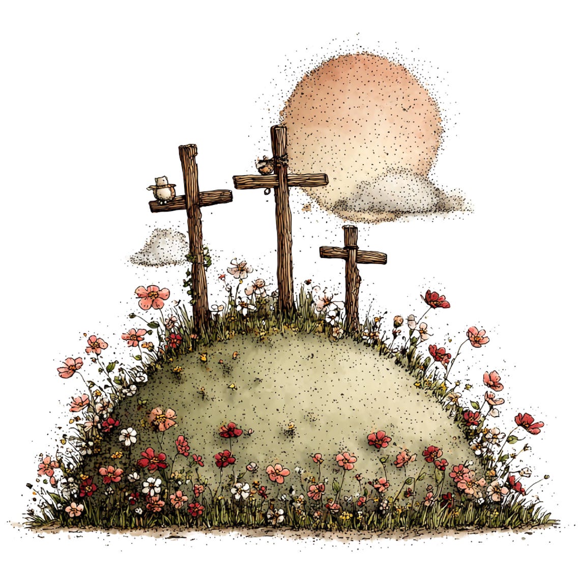 May include: An illustration depicts three wooden crosses on a grassy hill, adorned with wildflowers in shades of red, pink, and white. A large, dotted sun and a cloud are in the background. Small birds perch on the crosses.