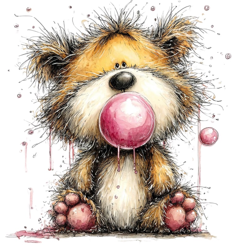 May include: A whimsical illustration of a cartoon bear with brown and tan fur, a large black nose, and a pink bubble gum bubble. The bear's paws and the bubble gum have a pink hue, with pink drips and splatters around the bear.