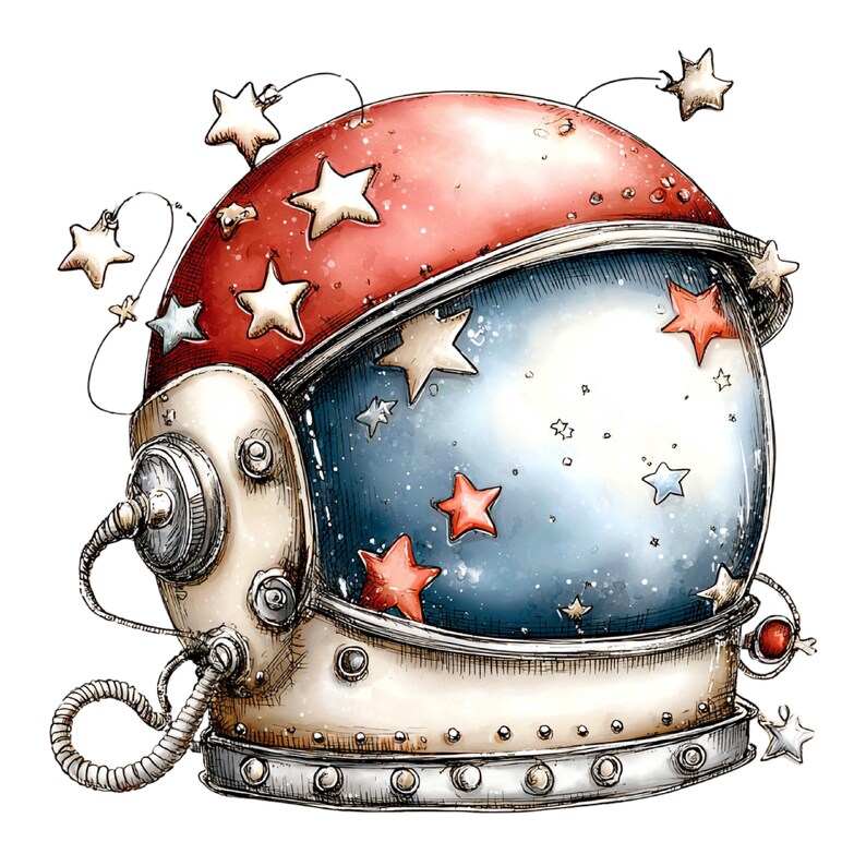 May include: A detailed illustration of an astronaut helmet featuring a red top section and a white base. The helmet is decorated with numerous white and red stars of varying sizes. A curved visor reflects a blue hue, and a coiled cable is attached.