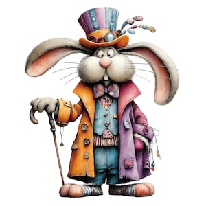 May include: A whimsical illustration of a rabbit dressed in a colorful outfit. The rabbit wears a top hat, an orange coat, a blue vest, and purple coat. It holds a cane and has a patterned bow tie. The rabbit has long ears and a surprised expression.