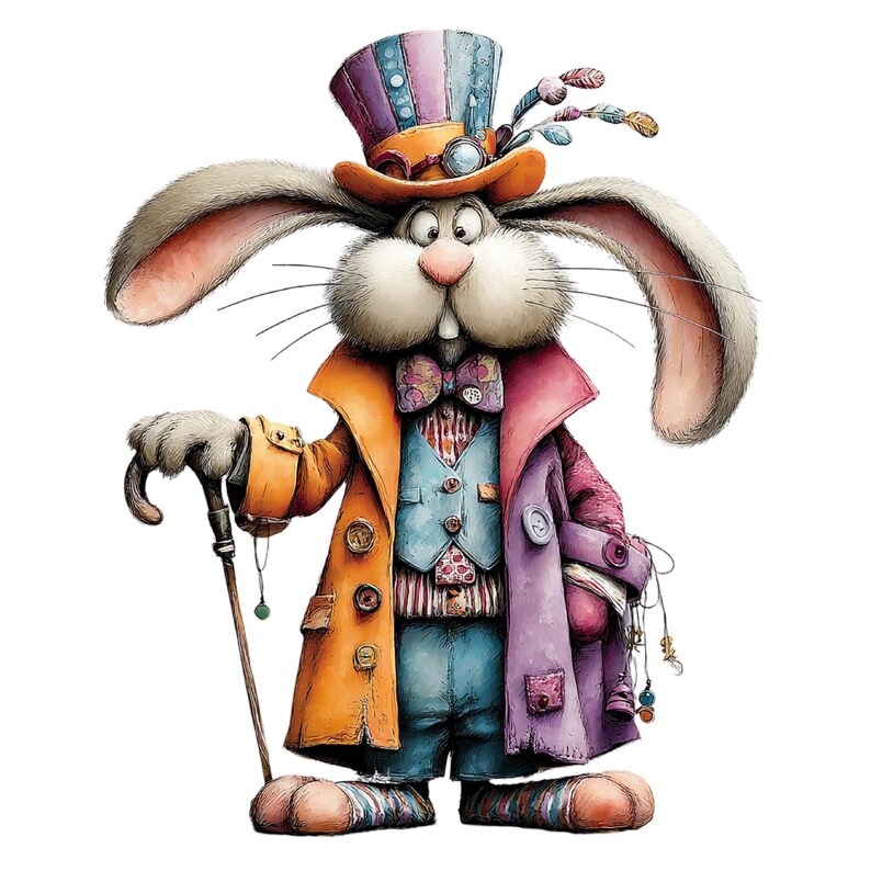 May include: A whimsical illustration of a rabbit dressed in a colorful outfit. The rabbit wears a top hat, an orange coat, a blue vest, and purple coat. It holds a cane and has a patterned bow tie. The rabbit has long ears and a surprised expression.