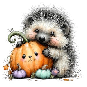 May include: A fluffy hedgehog with grey and white fur hugging a large orange pumpkin that features a drawn-on face. Two smaller pumpkins, one purple and one teal, sit at the base. The illustration includes scattered autumn leaves and vines.