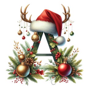 May include: A festive Christmas-themed illustration featuring the letter "A" adorned with holiday decorations. The letter is decorated with pine needles, red berries, and gold and red ornaments. A Santa hat and antlers are placed on top.