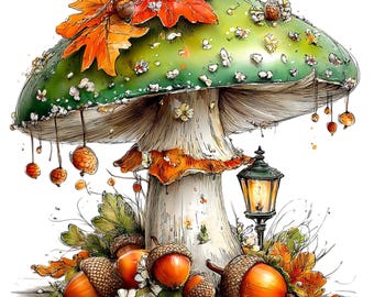 Puede incluir: Una ilustración de un hongo verde grande con un sombrero ancho adornado con hojas de otoño naranjas, pequeñas flores blancas y bellotas colgantes. La base está rodeada por varias bellotas marrones, follaje verde y un pequeño farol negro.
