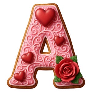May include: A decorated gingerbread cookie in the shape of the letter "A". The cookie is iced in pink with decorative swirls and red heart accents. A red rose with green leaves is at the bottom.