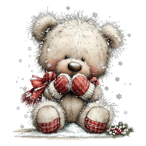 May include: An illustration of a cuddly teddy bear, wearing a red scarf and mittens with a red plaid design. Snowflakes fall around the bear, which is sitting in snow. A sprig of berries and pine needles is at the bottom of the image.