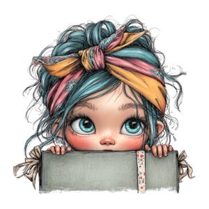 K&ouml;nnte beinhalten: Illustration eines jungen M&auml;dchens mit blauen Haaren und gro&szlig;en blauen Augen, das ein buntes Stirnband tr&auml;gt. Sie blickt &uuml;ber ein graues rechteckiges Objekt, das mit einem floralen Band verziert ist. Das Kunstwerk hat einen skurrilen, cartoonartigen Stil.