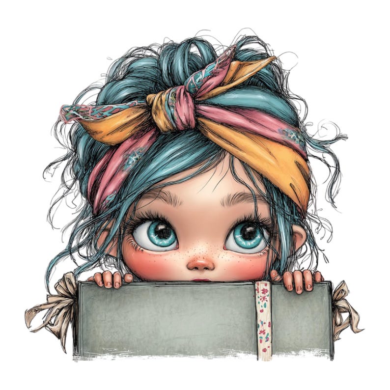 K&ouml;nnte beinhalten: Illustration eines jungen M&auml;dchens mit blauen Haaren und gro&szlig;en blauen Augen, das ein buntes Stirnband tr&auml;gt. Sie blickt &uuml;ber ein graues rechteckiges Objekt, das mit einem floralen Band verziert ist. Das Kunstwerk hat einen skurrilen, cartoonartigen Stil.