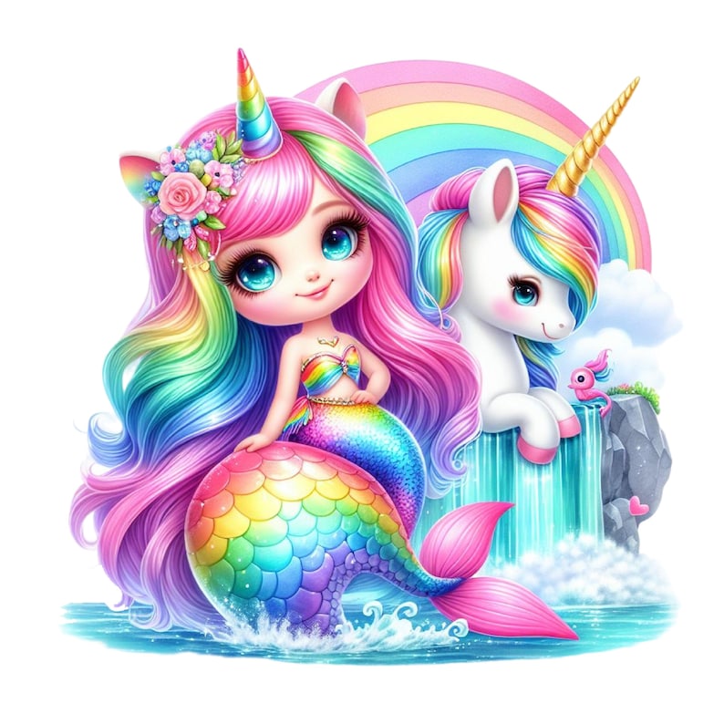 Unicorn Mermaid Clipart Bundle: Watercolor PNG Graphics Commercial Use ...