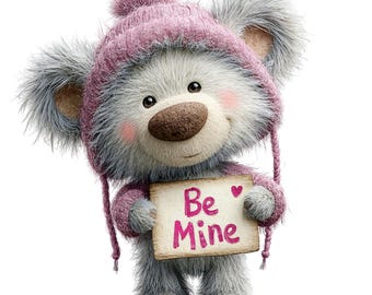 Peut inclure: Un ours en peluche de dessin animé mignon, portant un bonnet et un pull roses, tenant une pancarte avec les mots "Be Mine" en rose. L'ours a une fourrure grise, un nez brun et des joues roses. Un cœur est à côté du mot "Mine".