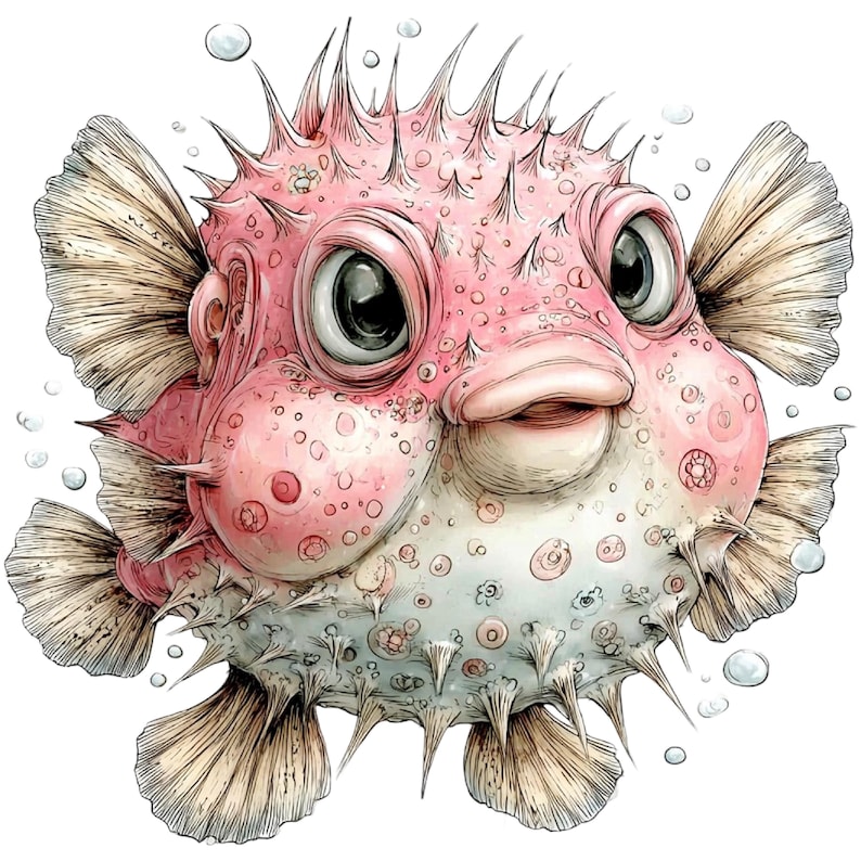 May include: A whimsical illustration of a pink pufferfish with large, expressive eyes and a smiling mouth. The fish features spiky protrusions and detailed fins, set against a white background with bubbles.