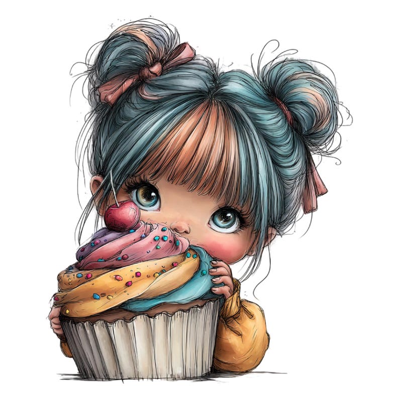 K&ouml;nnte beinhalten: Digitale Illustration eines jungen M&auml;dchens mit blau-pfarbenem Haar, das zu zwei Duttfrisuren gestylt ist, das einen gro&szlig;en Cupcake isst. Der Cupcake hat buntes Zuckerguss und eine Kirsche oben drauf. Das M&auml;dchen tr&auml;gt ein gelbes Hemd.