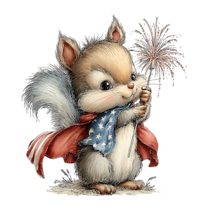Puede incluir: Ilustraci&oacute;n en acuarela de una ardilla adorable sosteniendo una bengala. La ardilla lleva una capa roja con rayas blancas y una capa azul con estrellas blancas. La ardilla tiene pelaje marr&oacute;n, una cola esponjosa y est&aacute; de pie sobre hierba.