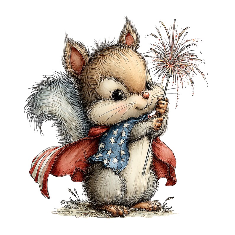Puede incluir: Ilustraci&oacute;n en acuarela de una ardilla adorable sosteniendo una bengala. La ardilla lleva una capa roja con rayas blancas y una capa azul con estrellas blancas. La ardilla tiene pelaje marr&oacute;n, una cola esponjosa y est&aacute; de pie sobre hierba.
