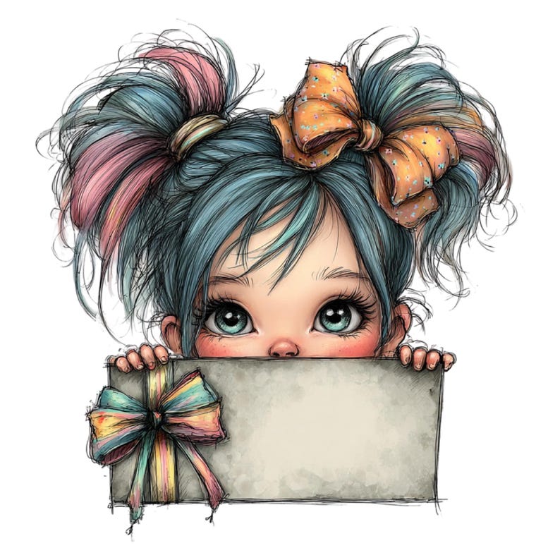 K&ouml;nnte beinhalten: Illustration eines jungen M&auml;dchens mit blau-rosa Haaren, gro&szlig;en blauen Augen und einem pfirsichfarbenen Teint. Sie blickt &uuml;ber ein leeres, rechteckiges Schild, das mit einer bunten Schleife verziert ist. Die Schleife weist Farbt&ouml;ne von Gelb, Rosa und Blau auf.