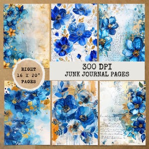 8 JPG Blue Floral Junk Journal Papers,Digital Download,Junk journal kit,Digital papers,Junk Journal Papers,Printable Junk Journal