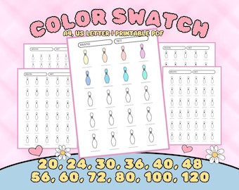 Puede incluir: Hoja de muestra de color imprimible con contornos de bolos para organizar y etiquetar colores de pintura. La hoja incluye una variedad de tamaños, incluyendo 20, 24, 30, 36, 40, 48, 56, 60, 72, 80, 100 y 120.