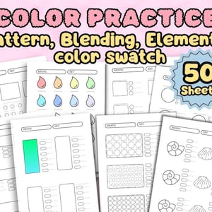 May include: A collection of 50 sheets for color practice, pattern, blending, and elements. The sheets feature various designs, including color swatches, drop shapes, and geometric patterns, with space for brand and set information.