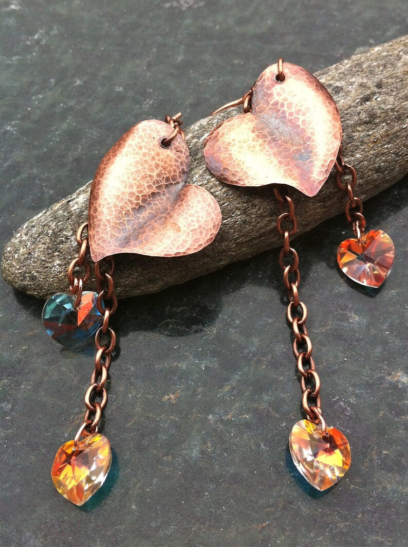 HAMMERED GOLD  2 TIER HEART EARRINGS W/CRYSTAL main image 1