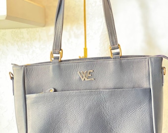 Navy Blue Leather Tote Bag – Elegant Everyday Handbag with Gold Hardware