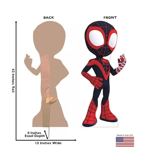 Puede incluir: Un recorte de cart&oacute;n de un personaje de superh&eacute;roe, con vistas frontal y trasera. La vista frontal muestra un personaje con un traje negro y rojo con un dise&ntilde;o de telara&ntilde;a. El recorte mide 106,68 cm de alto, 45,72 cm de ancho y 20,32 cm de profundidad.
