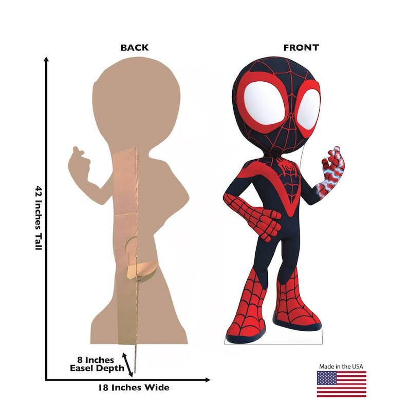 Puede incluir: Un recorte de cart&oacute;n de un personaje de superh&eacute;roe, con vistas frontal y trasera. La vista frontal muestra un personaje con un traje negro y rojo con un dise&ntilde;o de telara&ntilde;a. El recorte mide 106,68 cm de alto, 45,72 cm de ancho y 20,32 cm de profundidad.