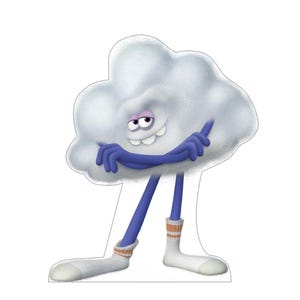 May include: A cartoon character shaped like a white cloud with a smiling face, purple arms crossed over its chest, and long purple legs. The character wears white socks with orange stripes at the top, standing in a confident pose against a white background.