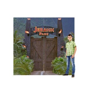 Toile de fond en carton Jurassic Park Gate, exposition de dinosaures, arrière-plan photo jurassique, articles de fête sur le thème des dinosaures, décoration de fête Jurassic World