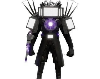 May include: A black robotic figure wearing a long coat, featuring a central glowing purple circular core, multiple rectangular screen-like panels on the shoulders and back, and a mechanical arm attachment emitting a purple light beam.