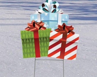 Group of Presents Yard Sign, Coroplast Outdoor Christmas Decoration, Holiday Gift Box Lawn Display, Weatherproof Front Yard Decor