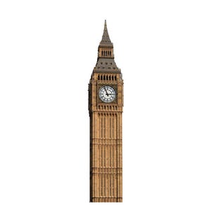 Découpe en carton de la tour de l'horloge de Big Ben, voyageur debout à Londres, décoration de fête à thème britannique, événements et présentoirs d'accessoires grandeur nature, décoration de fête au Royaume-Uni